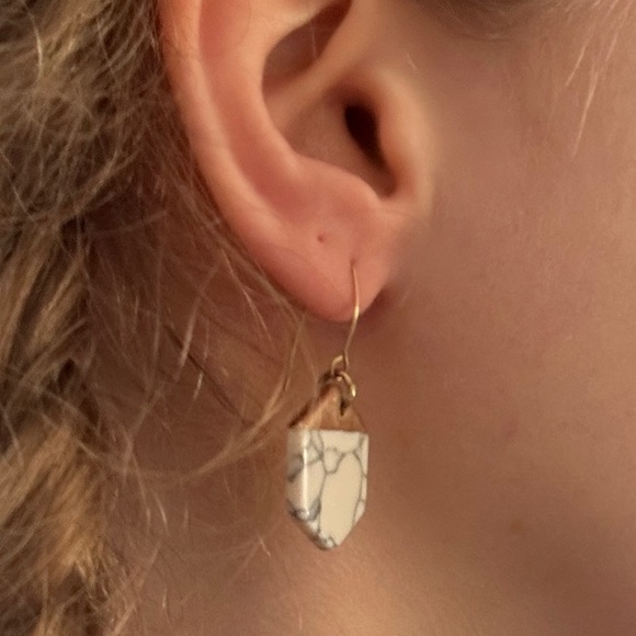 Hexagon Gold and White Marble Earrings - Picture 3 of 3